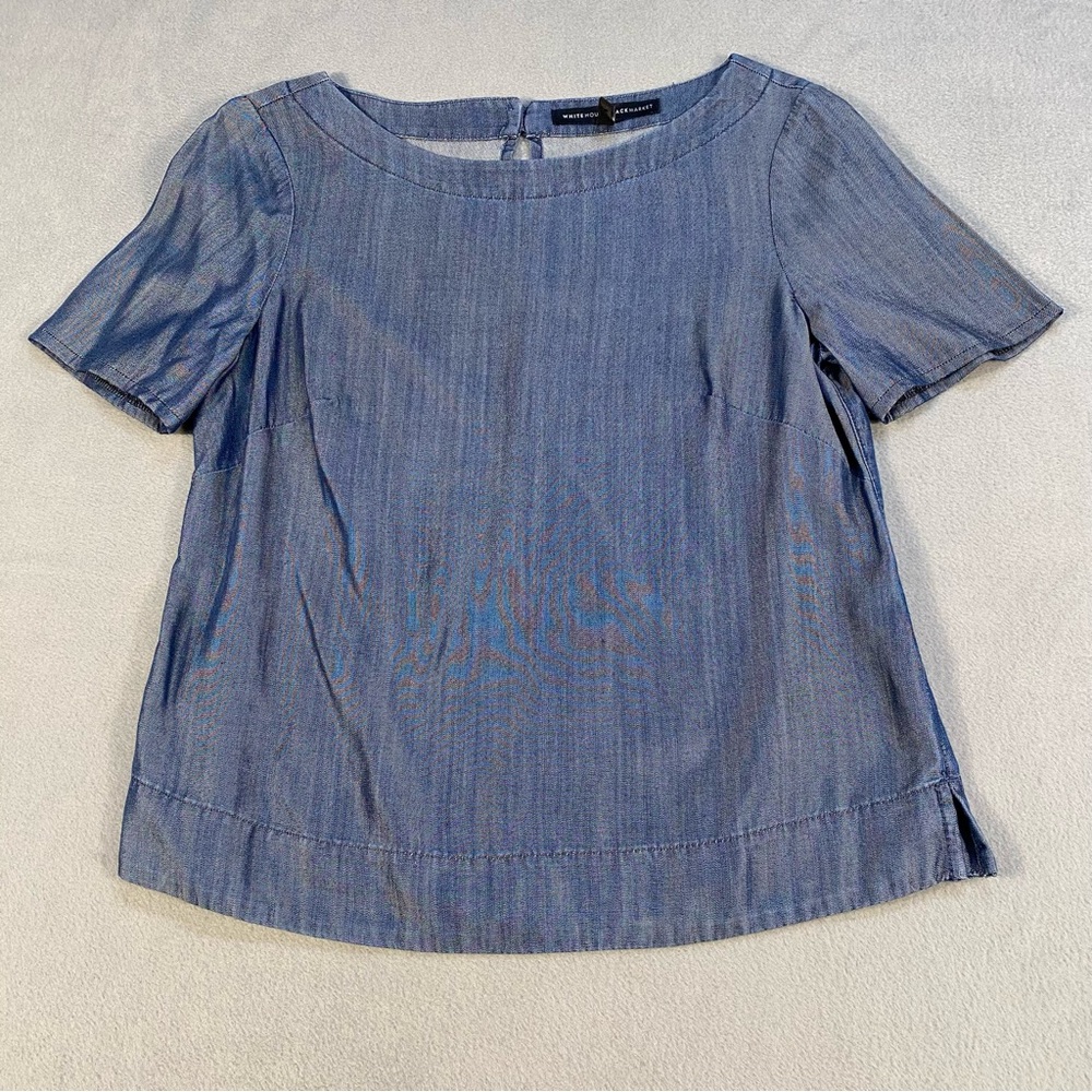 WHBM Women's Blue Chambray Short Sleeve Boat neck Top, back button closure, 0